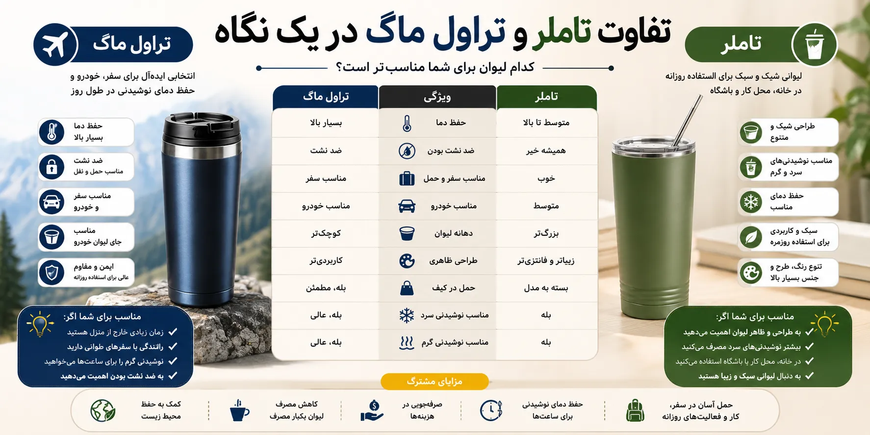 تفاوت تاملر و تراول ماگ مقایسه تاملر و تراول ماگ تاملر یا تراول ماگ بهترین لیوان برای سفر و محل کار این مقاله پتانسیل خوبی دارد که روی کلمات: تاملر چیست تراول ماگ چیست تفاوت تاملر و تراول ماگ تاملر بهتره یا تراول ماگ خرید تراول ماگ خرید تاملر استیل
